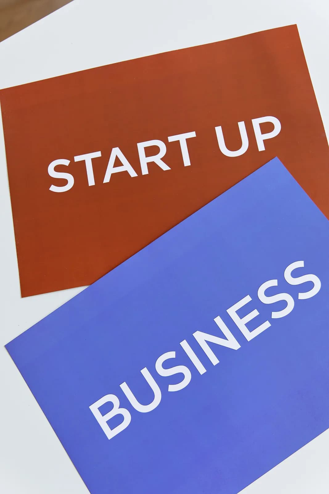 Cards reading start up and business on a white surface