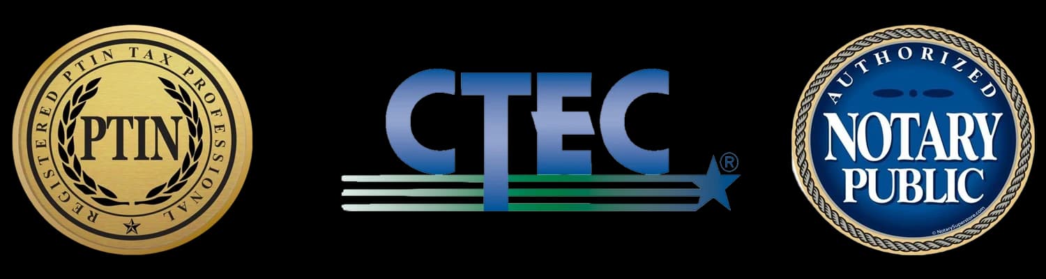 Registered PTIN Tax Professional seal, CTEC logo and Authorized Notary Public seal