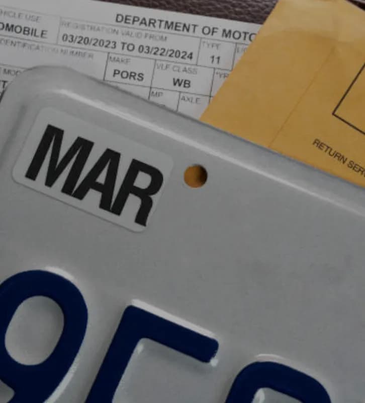 A license plate month sticker on top of vehicle registration papers