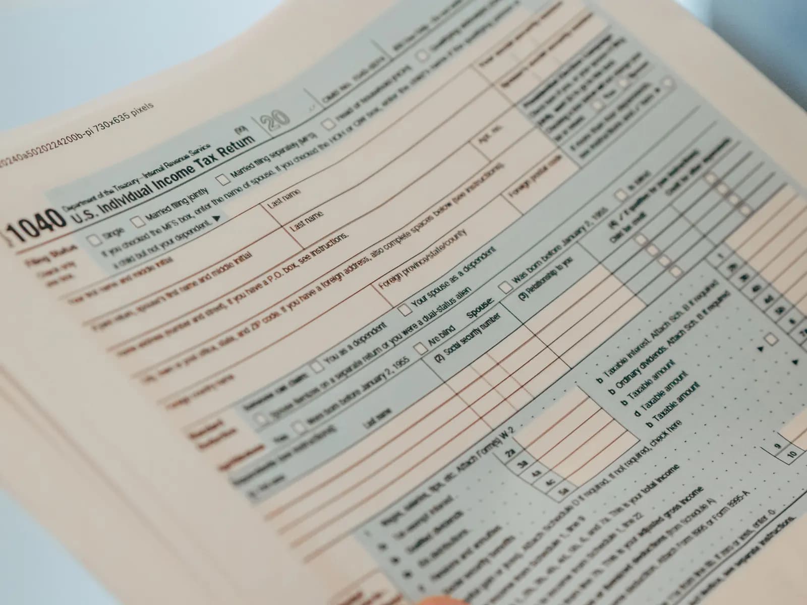 Close-up of a printed individual income tax return form