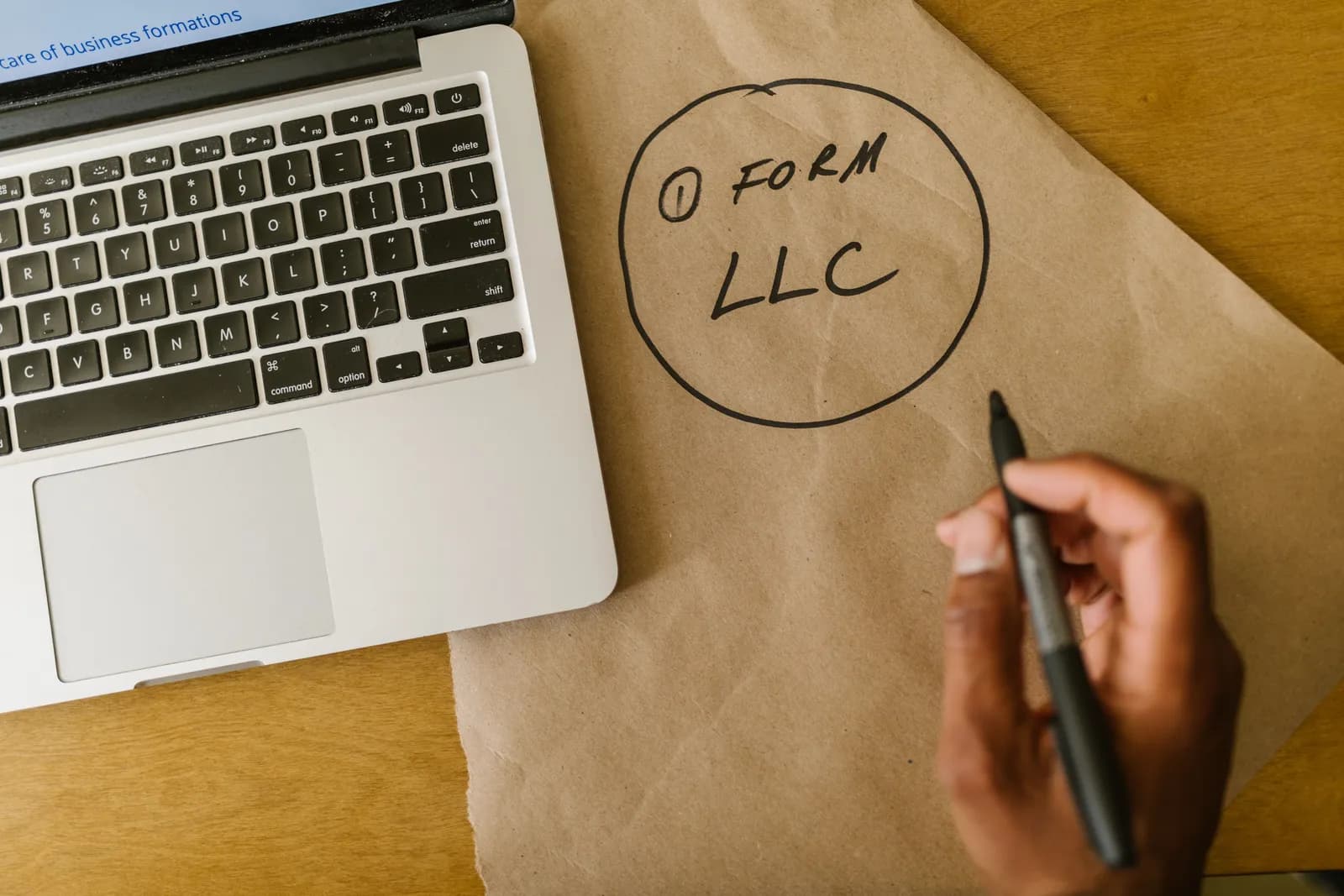Handwritten LLC notes on brown paper next to a laptop